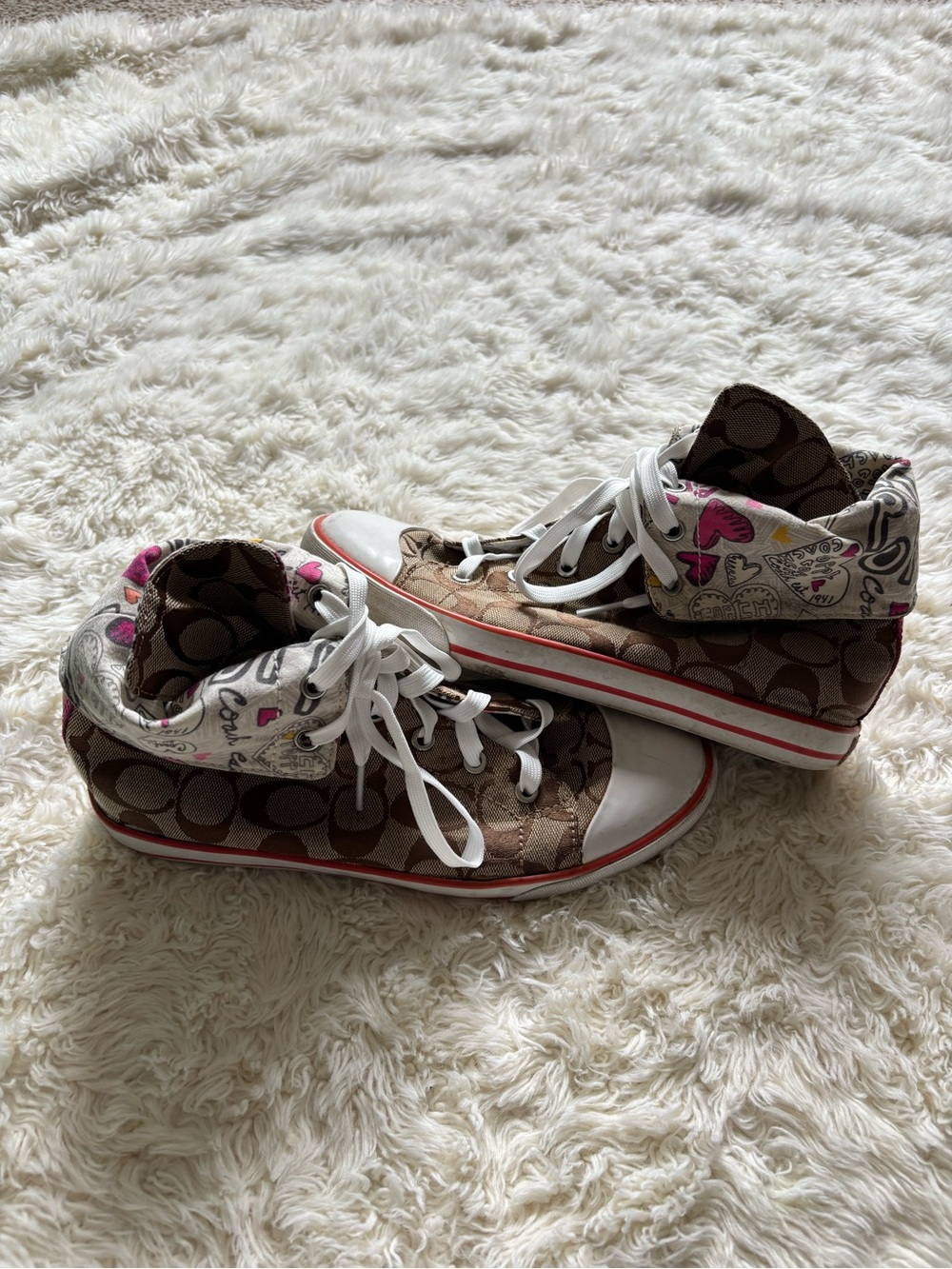 Y2K Coach Brown Logo Low-Top Sneakers with White and Pink Accents